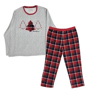Eddie Bauer red navy plaid tree 2 piece pajama set men's XXL